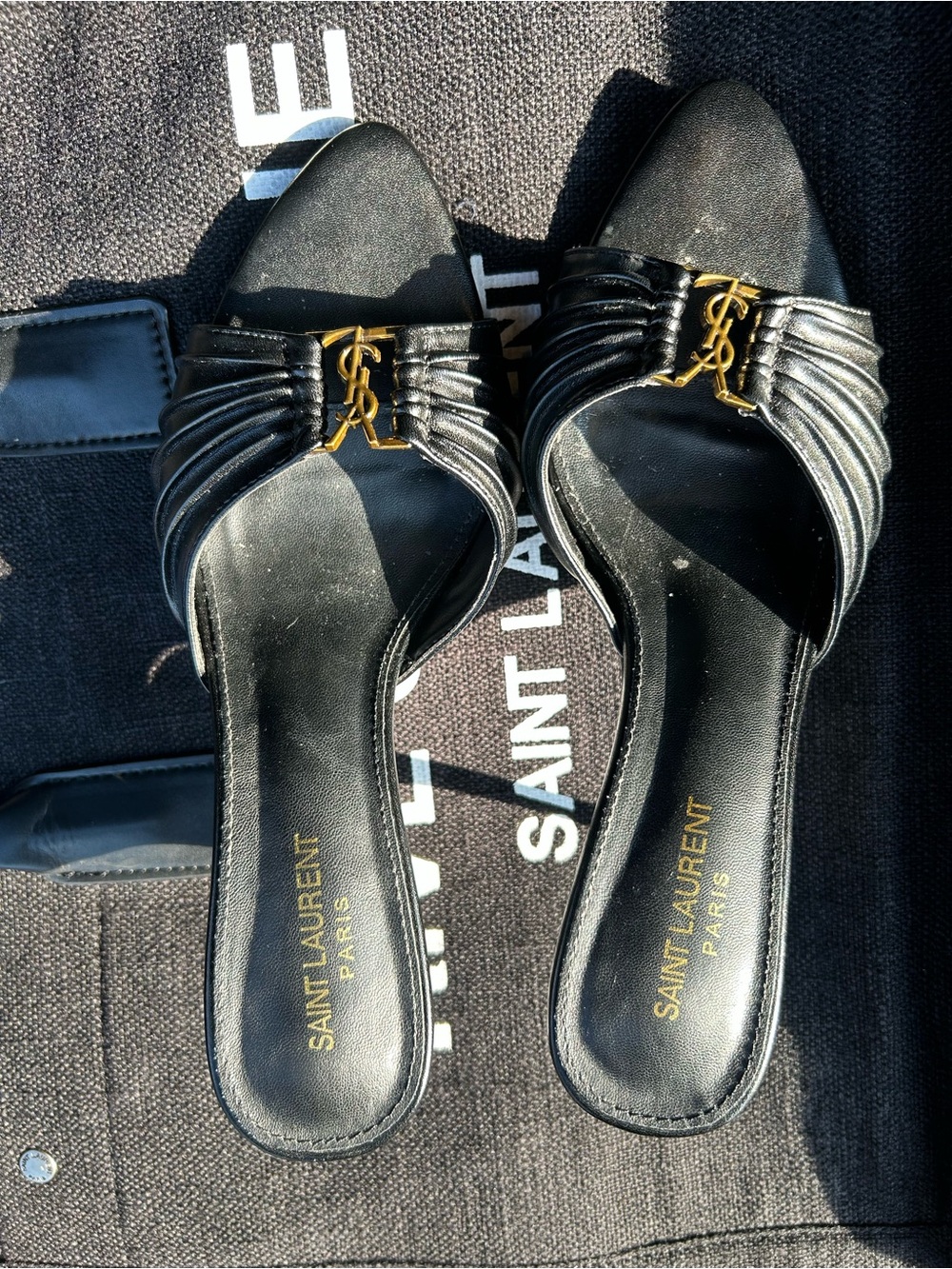 Saint Laurent Black Leather Slide Mules with Gold YSL Accent